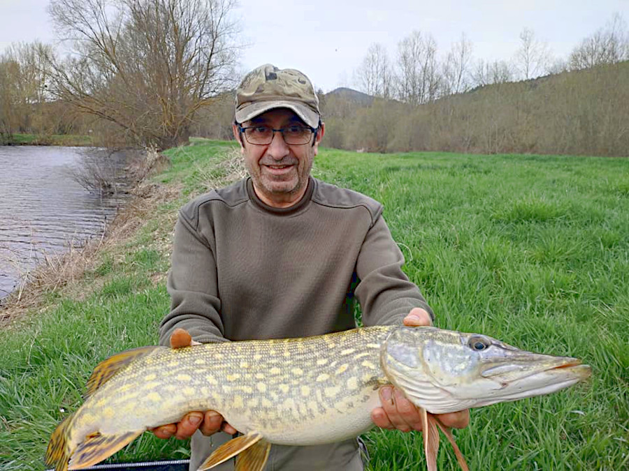 Un participant à un stagiaire de pêche au leurre qui vient de capturer un beau brochet avec David Allary, moniteur guide de pêche en Auvergne